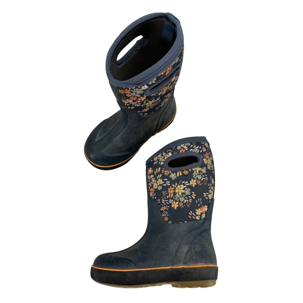 Bogs Kids Neo Classic Rain Boots Navy Floral Waterproof Insulated Snow Size 12